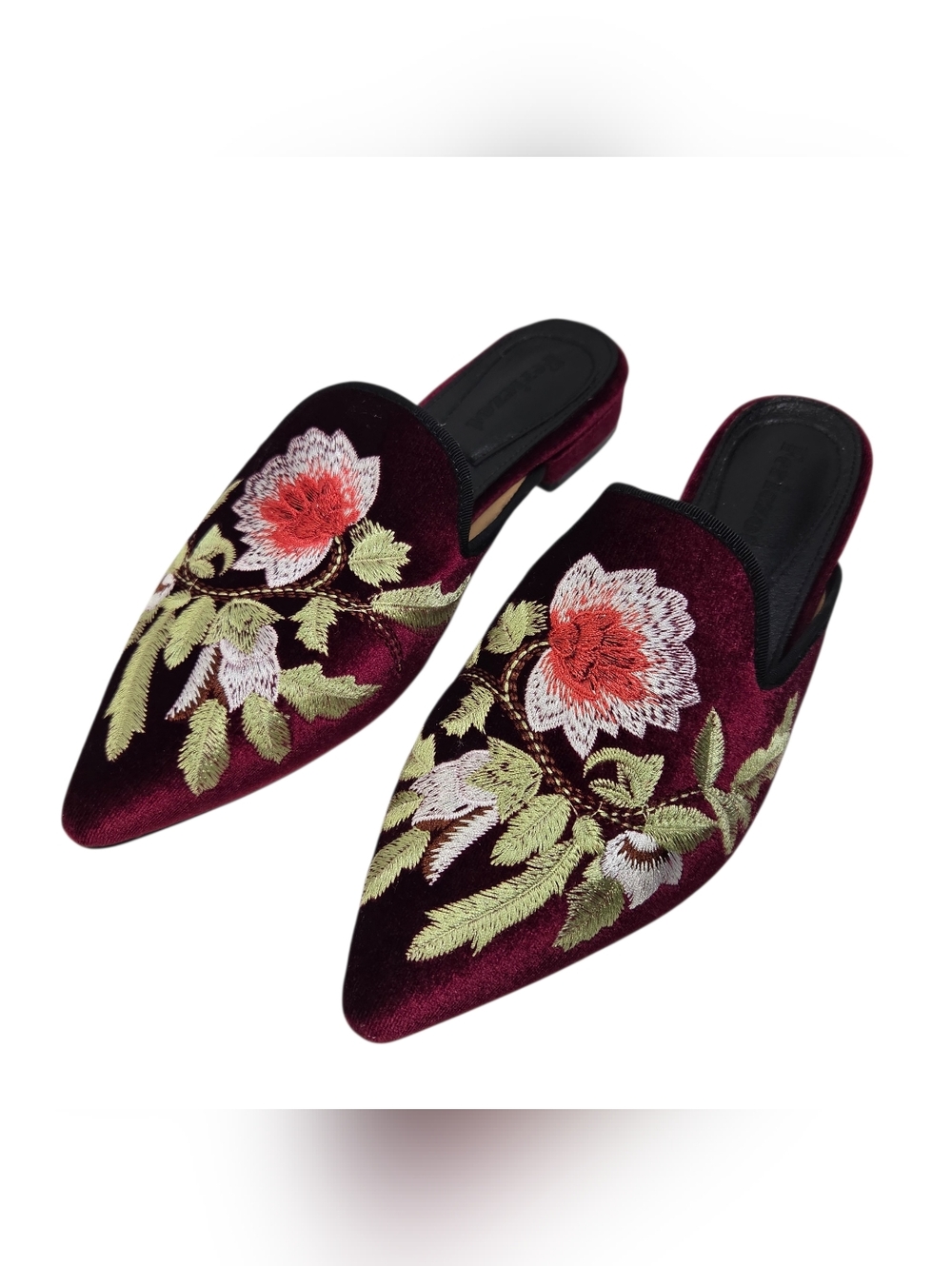Burgundy Velvet Embroidered Pointed Backless Mules